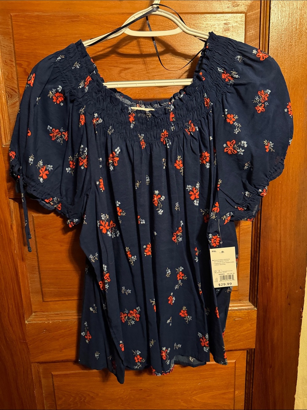 Navy Floral Off-Shoulder Peasant Blouse — Red & White Print